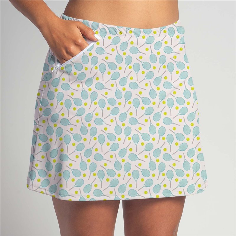 Golf/Walking Zipper Pocket Skort - Racket Scattered White Aqua Yellow Golf/Walking Zipper Pocket Skort - Racket Scattered White Aqua Yellow